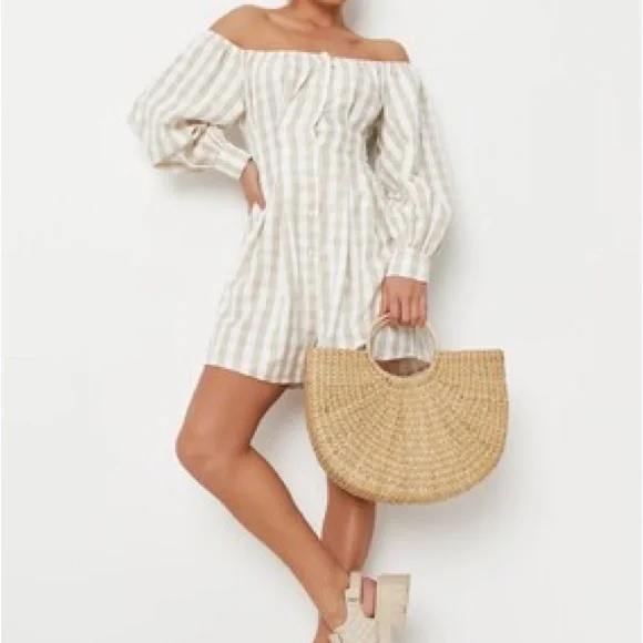 Missguided | Dresses | Bardot Pleated Waist Shirt Dress Ginghamgreen |  Poshmark